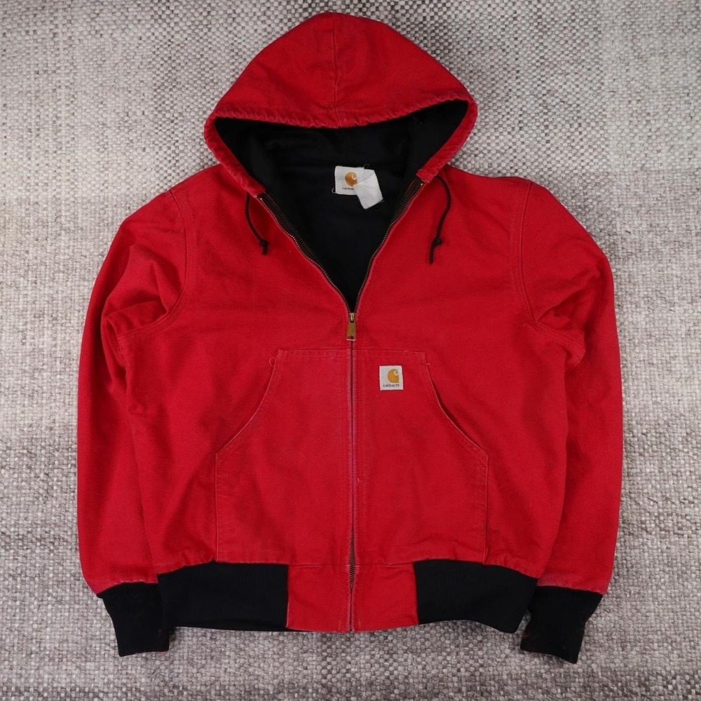Carhartt Mens Red Duck Canvas Thermal Lined Active Jacket Hooded Work Coat L